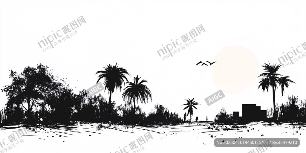 海邊椰林落日風(fēng)景剪影