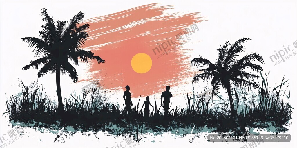 夕陽下的椰林三人剪影