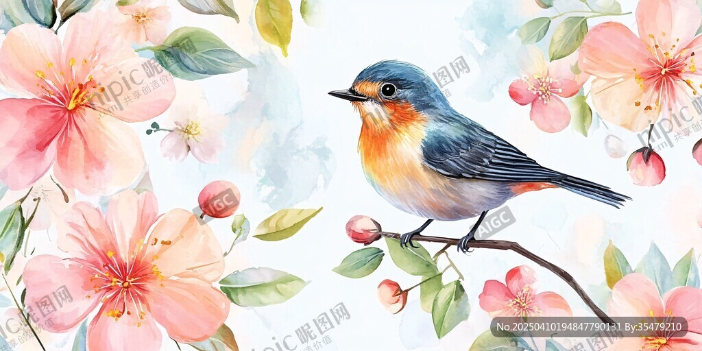 花鳥(niǎo)水彩畫(huà) 小鳥(niǎo)棲于花枝間