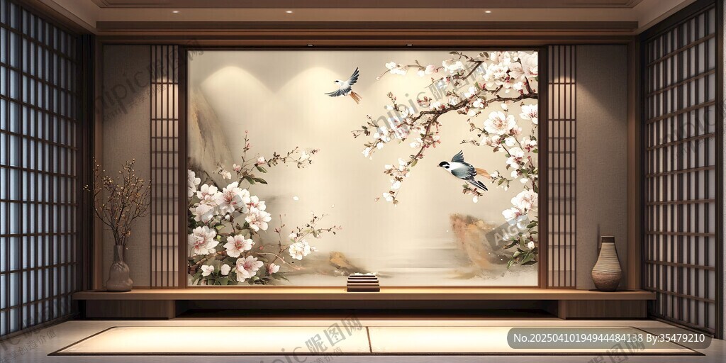中式花鳥背景墻雅致空間