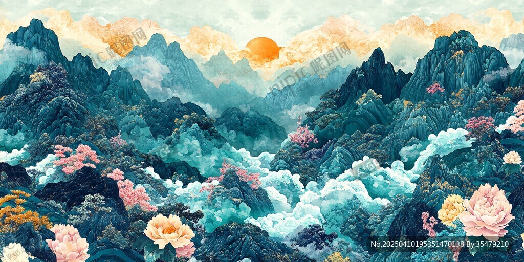 青山繁花間的日出美景