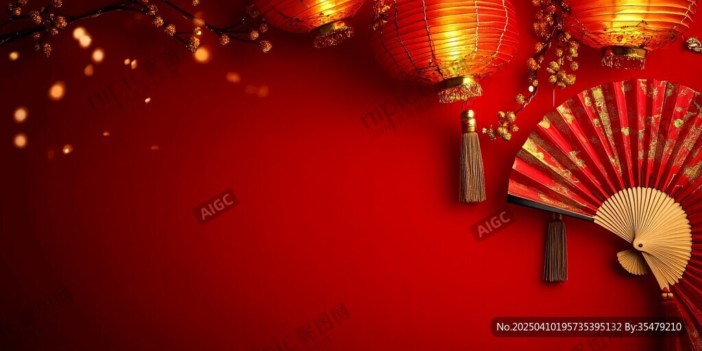 喜慶中式燈籠折扇紅背景