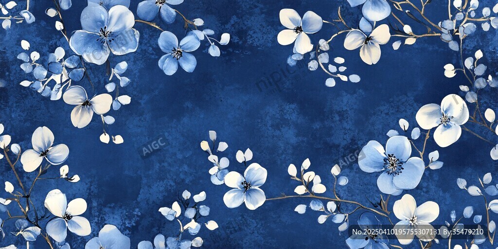 藍(lán)底白花浪漫花卉圖案