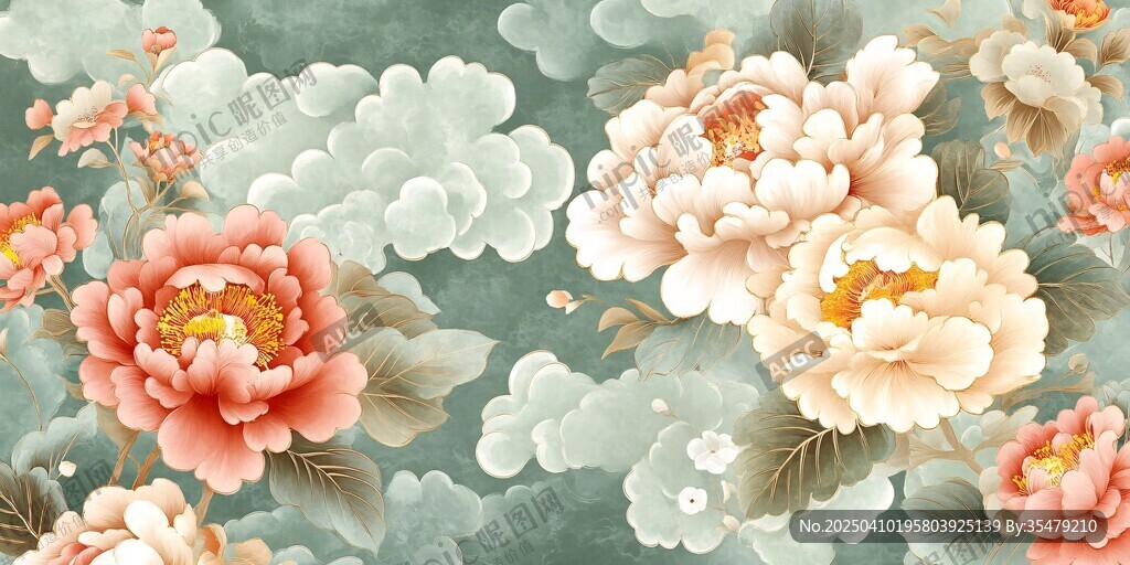 中式牡丹云紋雅致背景圖