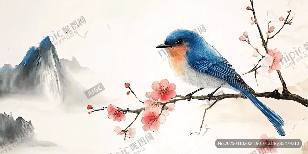 藍鳥棲花枝 山水入畫境