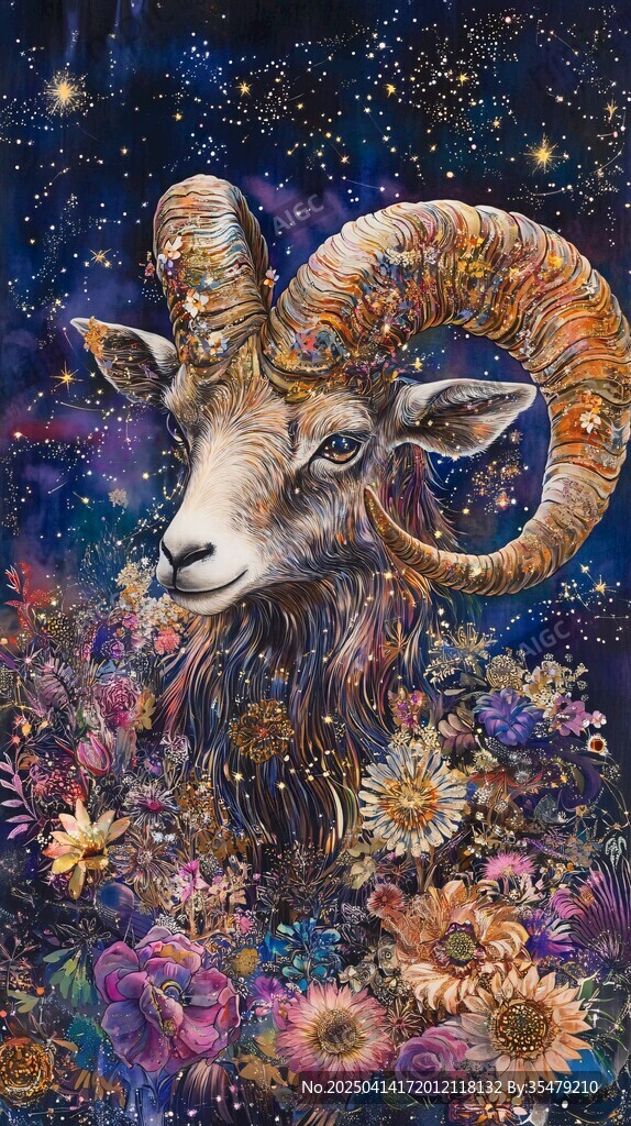夢幻星空下的繁花公羊