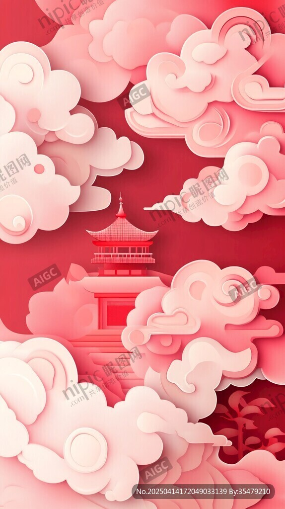 夢幻紅云中的中式樓閣