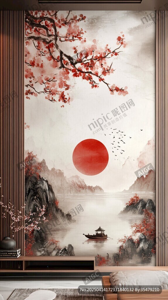 中式山水紅梅紅日背景墻
