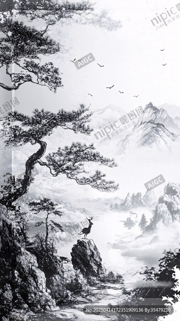 水墨山水間的蒼松與飛鳥