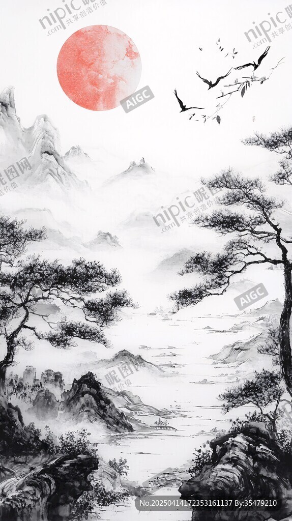 水墨山水紅日飛鳥圖景