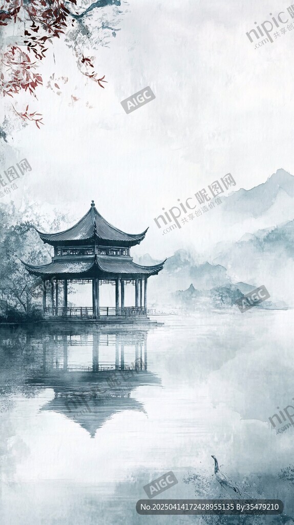 水墨湖畔古亭 山水詩意景