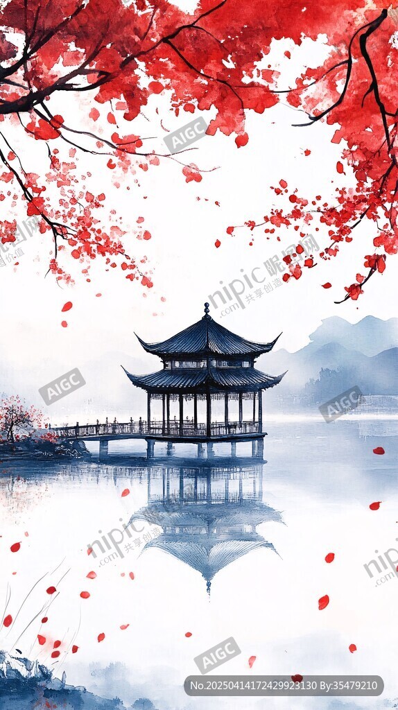 湖畔紅楓古亭水墨景致