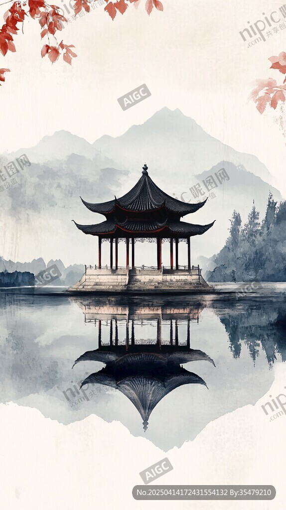 水墨湖畔古亭山水美景