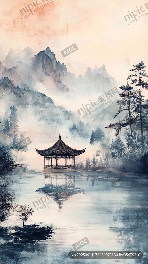 水墨山水間的湖心小亭