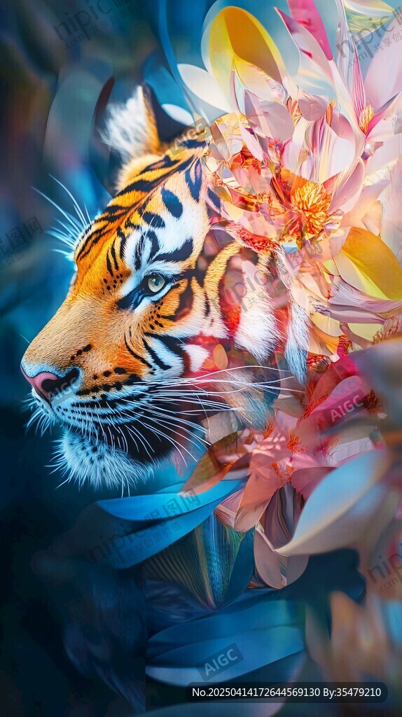 夢幻花卉環(huán)繞的斑斕猛虎