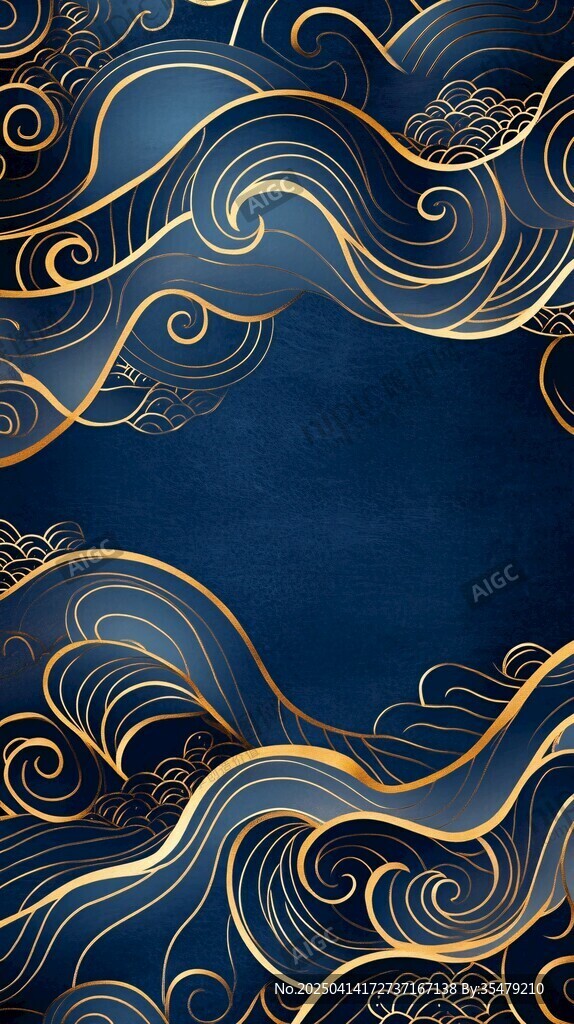 藍(lán)底金色海浪中式紋理背景