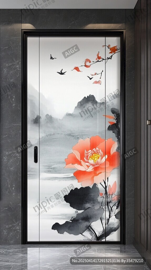中式水墨荷花移門藝術