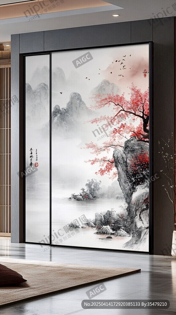 中式山水屏風(fēng)裝飾畫