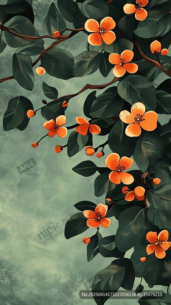 橙色花卉綠葉唯美插畫