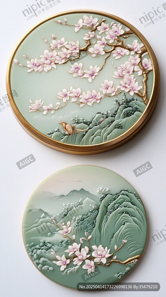 古風山水花卉圓形飾品