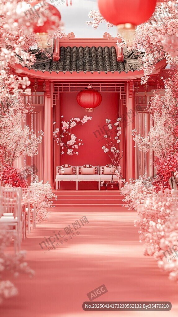 中式浪漫婚禮紅色庭院場(chǎng)景