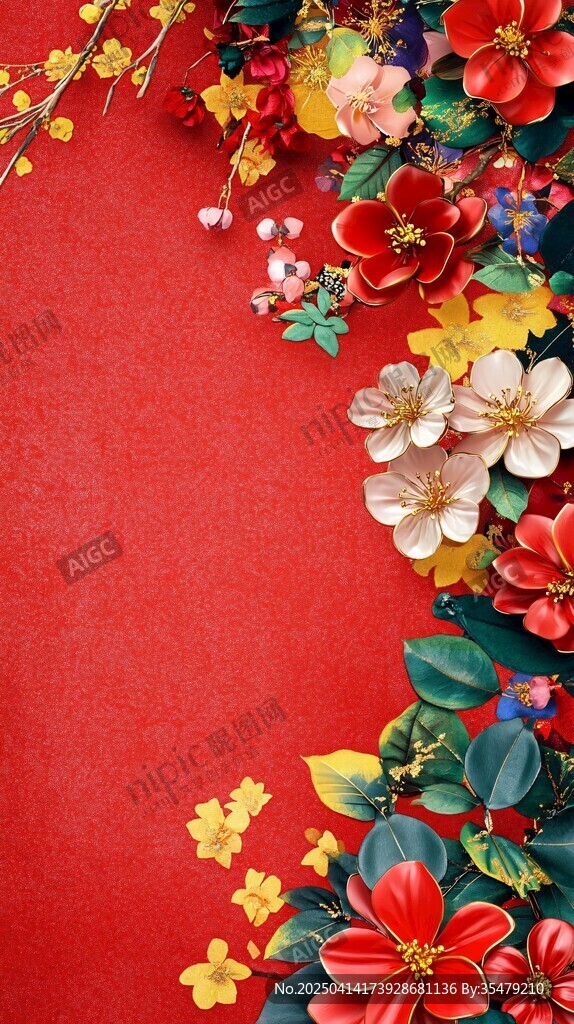 紅底繁花裝飾圖