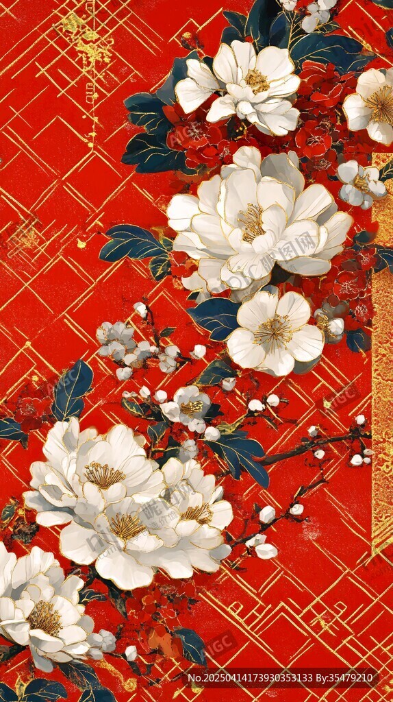 中式紅底花卉吉祥圖案