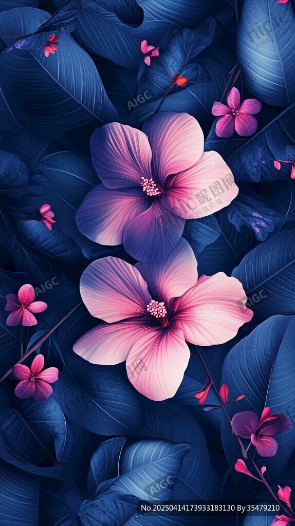 夢幻藍紫花卉葉叢插畫