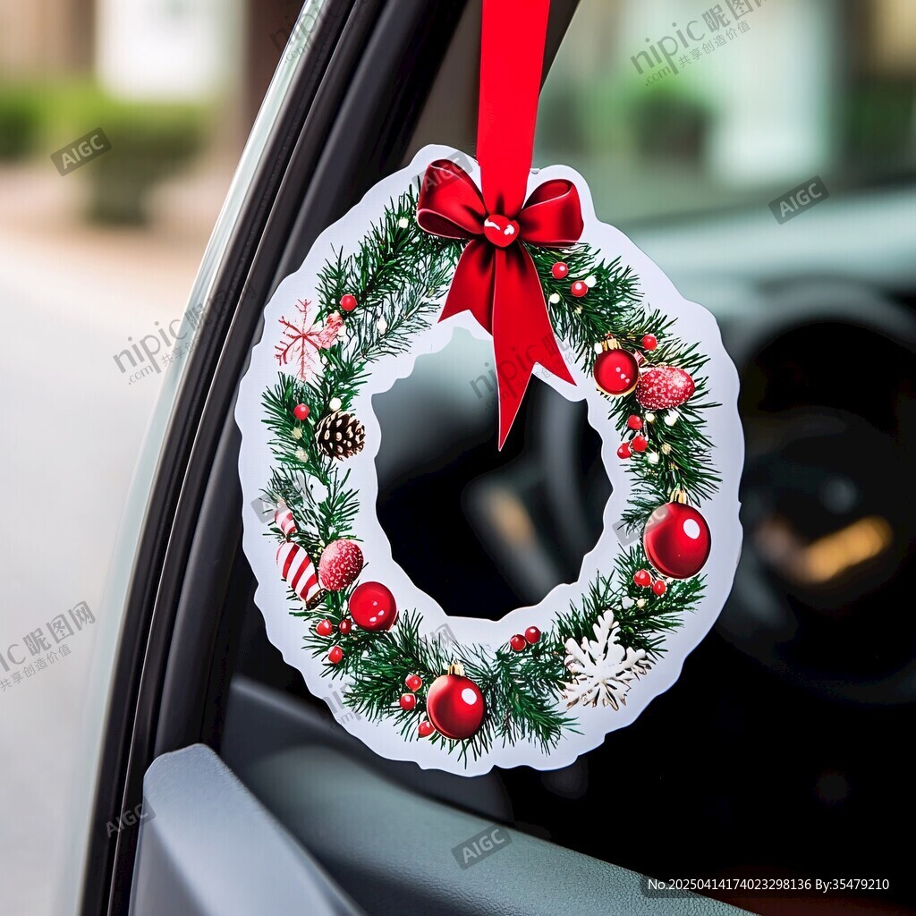 汽車車窗上的圣誕裝飾花環(huán)
