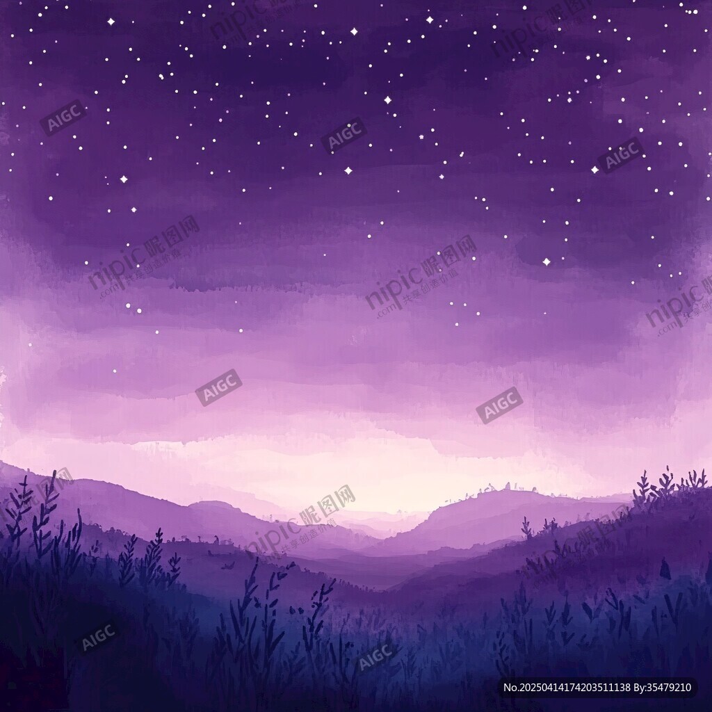 夢幻紫色星空下的山間景色
