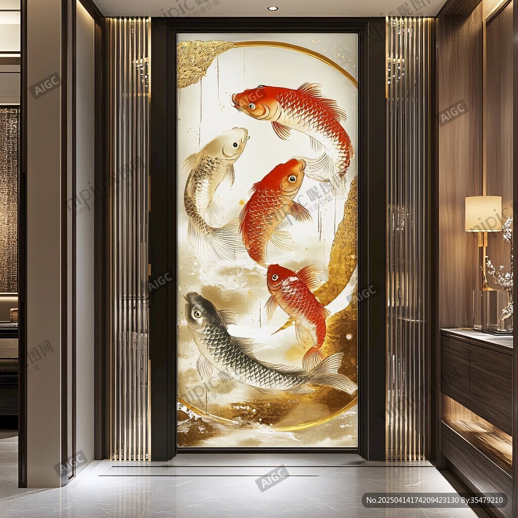 中式玄關(guān)九鯉圖藝術(shù)裝飾