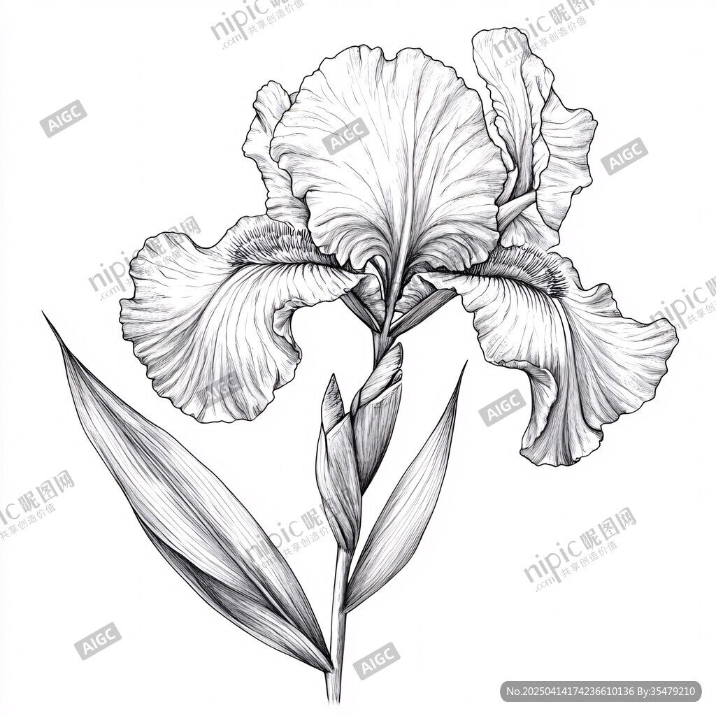 鳶尾花黑白線稿插畫