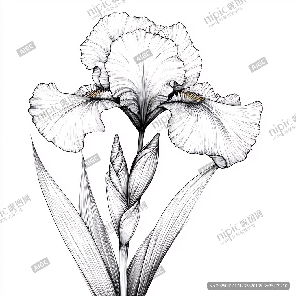 鳶尾花黑白線稿插畫