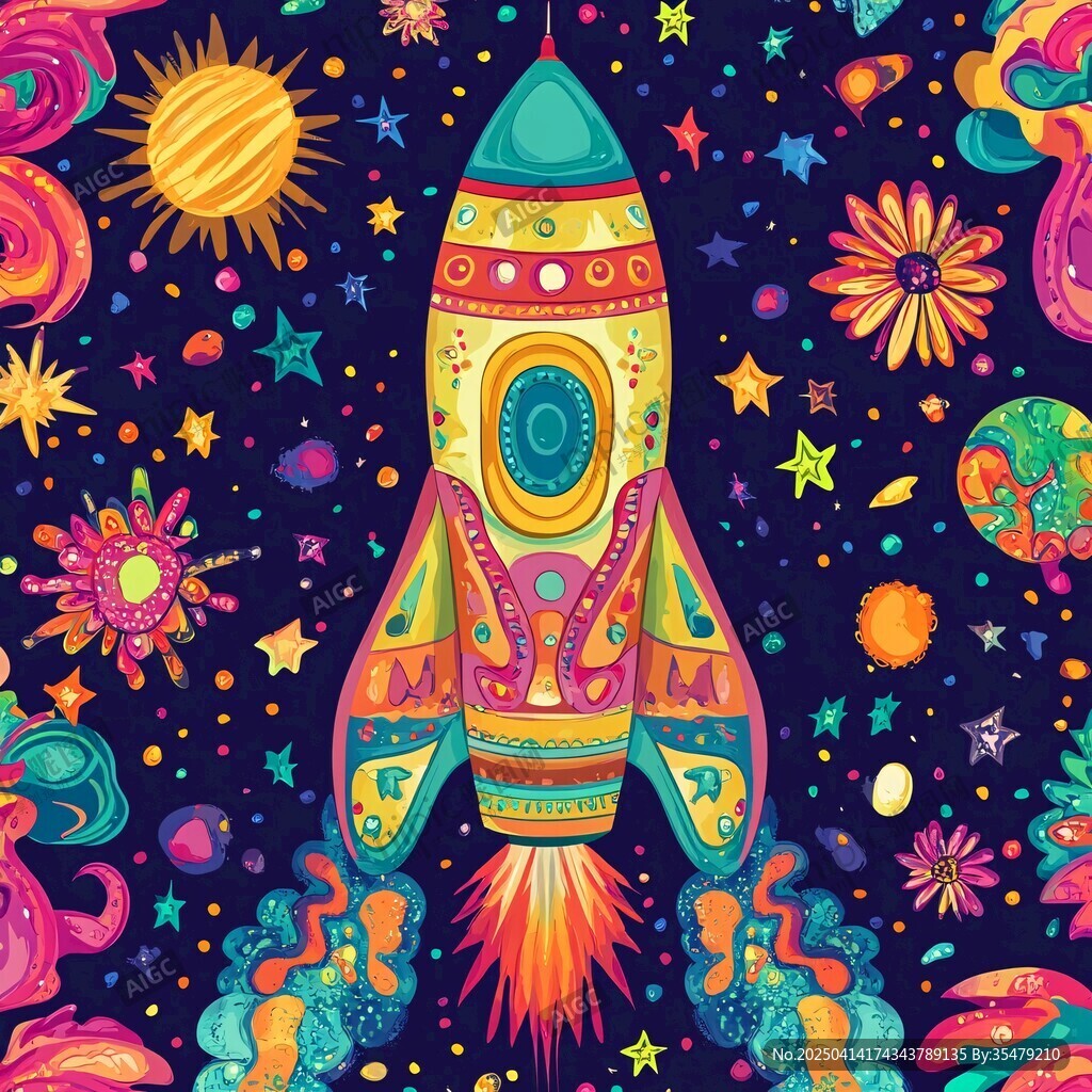 夢(mèng)幻宇宙火箭插畫圖案