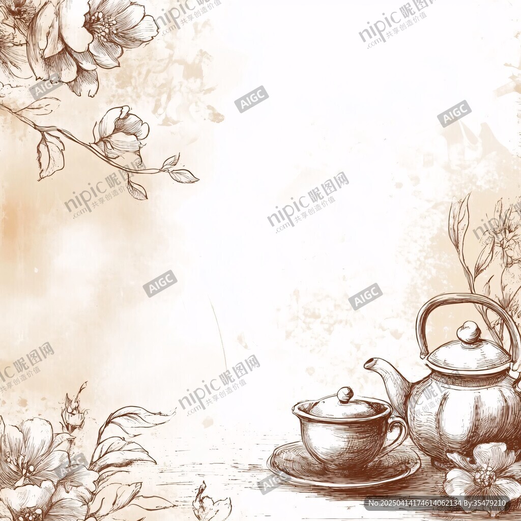 手繪茶具花卉復(fù)古背景圖