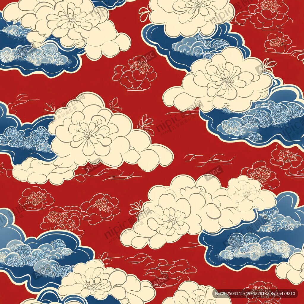 中式紅底云紋花卉圖案