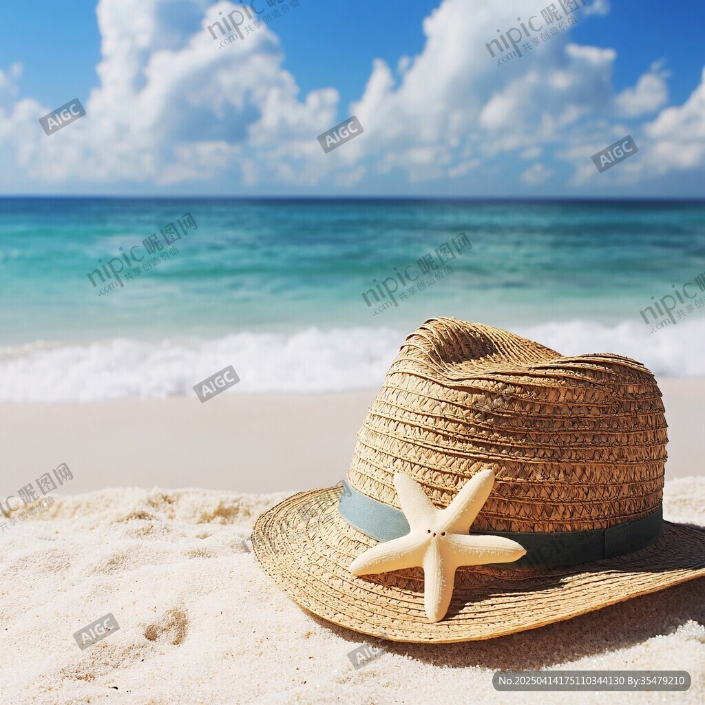 海邊草帽配海星浪漫景致