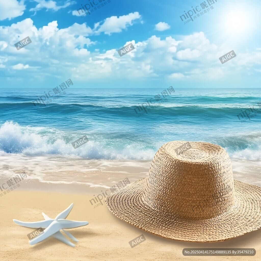 海邊草帽與海星的夏日風情