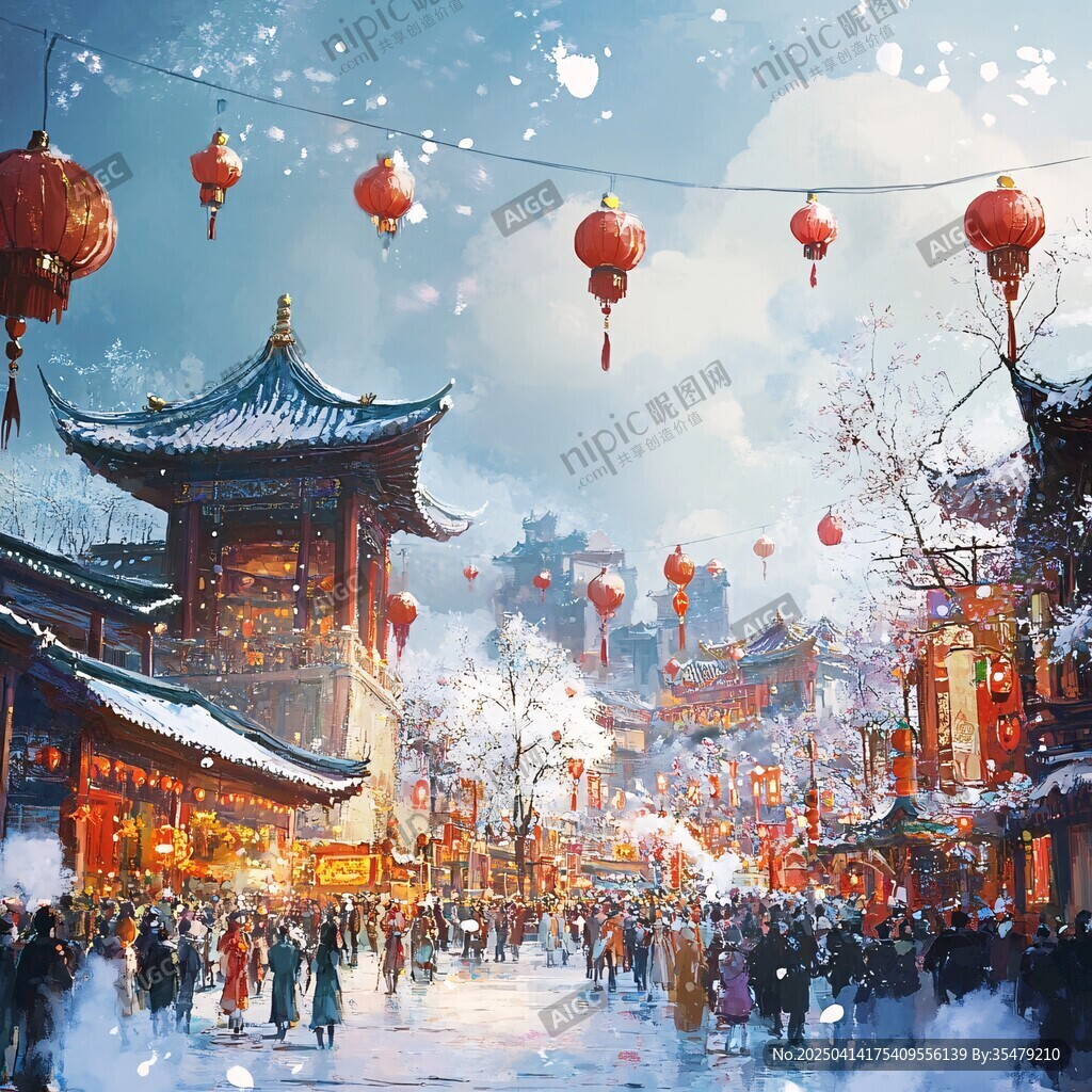 雪中華街燈籠映繁華景象