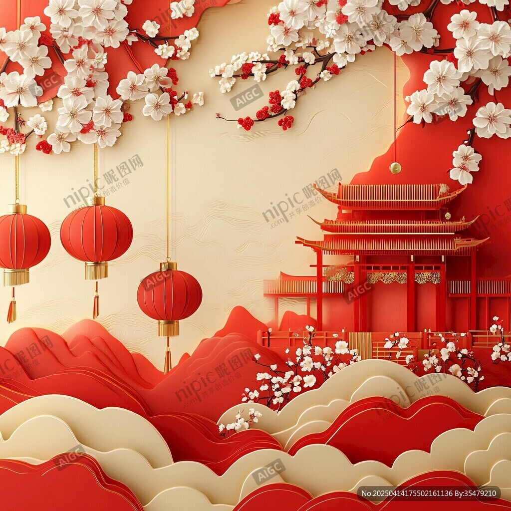 中式新春場(chǎng)景剪紙風(fēng)畫面