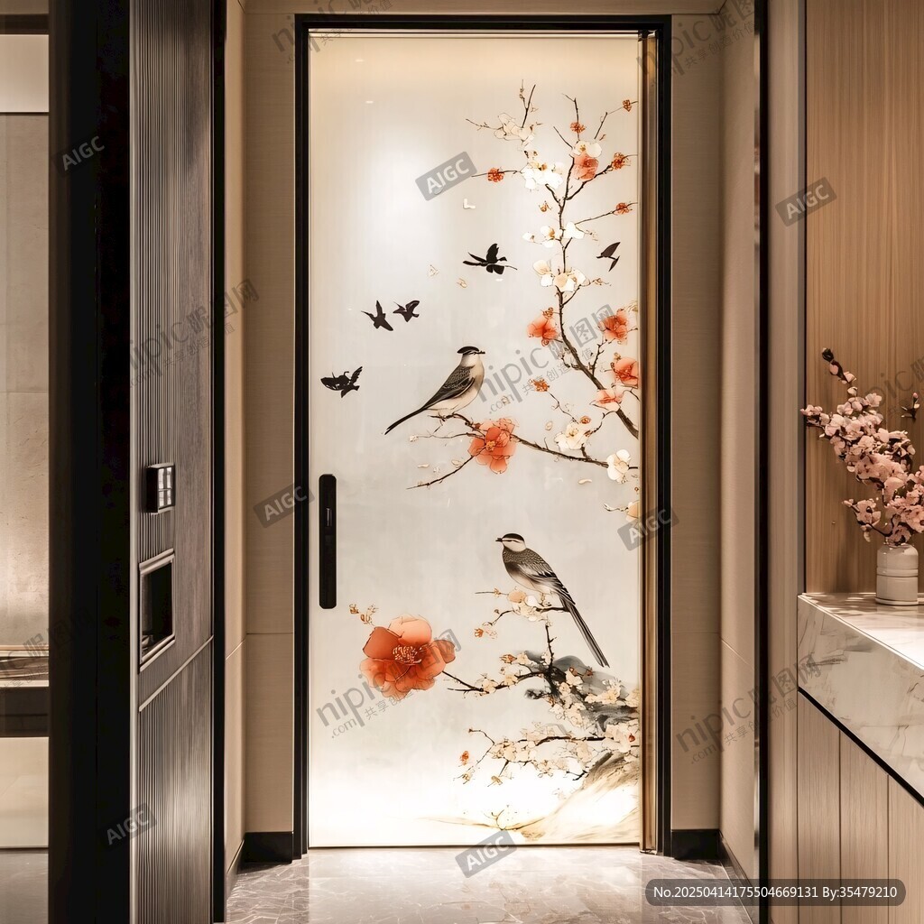 中式花鳥藝術(shù)玻璃隔斷門