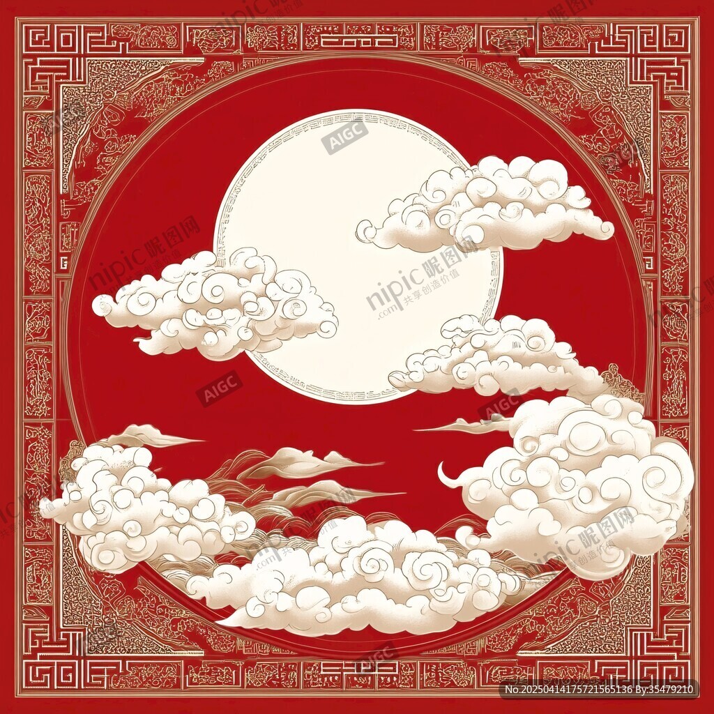 中式紅底祥云圓月圖