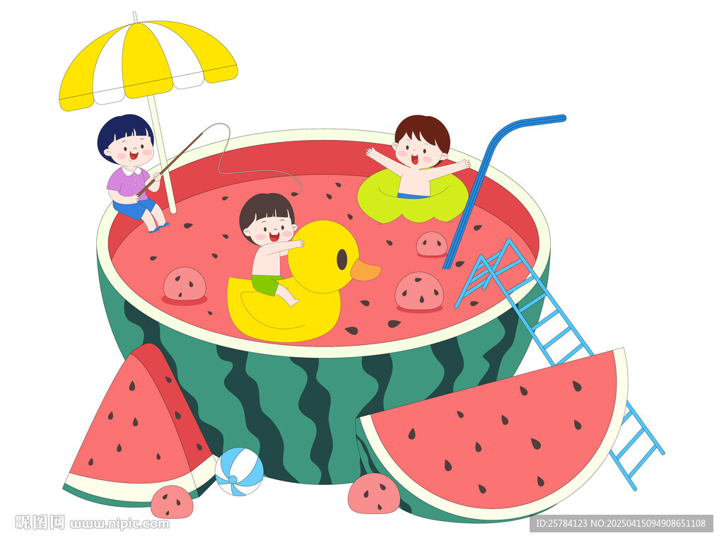 卡通夏季兒童吃西瓜西瓜泳池游泳
