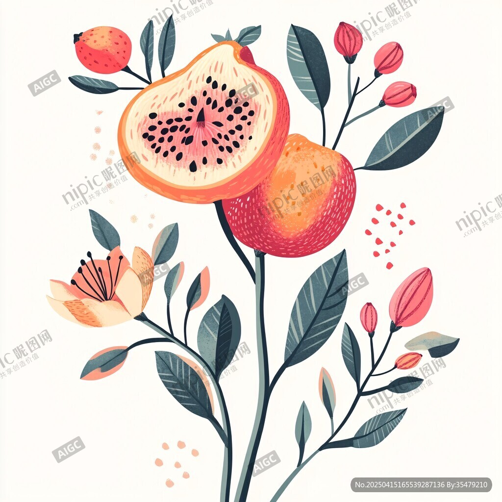 手繪番石榴花卉插畫