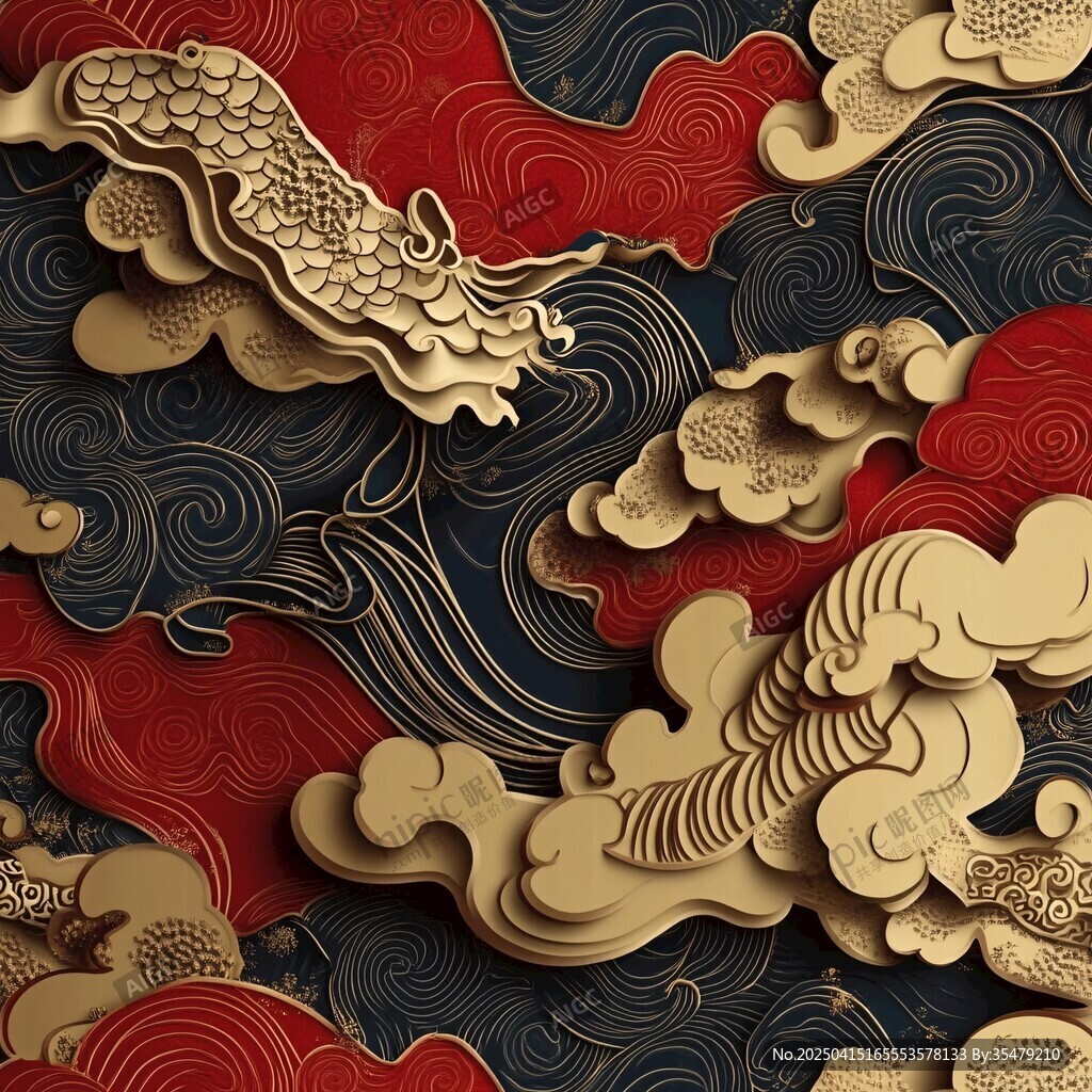 中式浮雕龍紋云浪裝飾圖