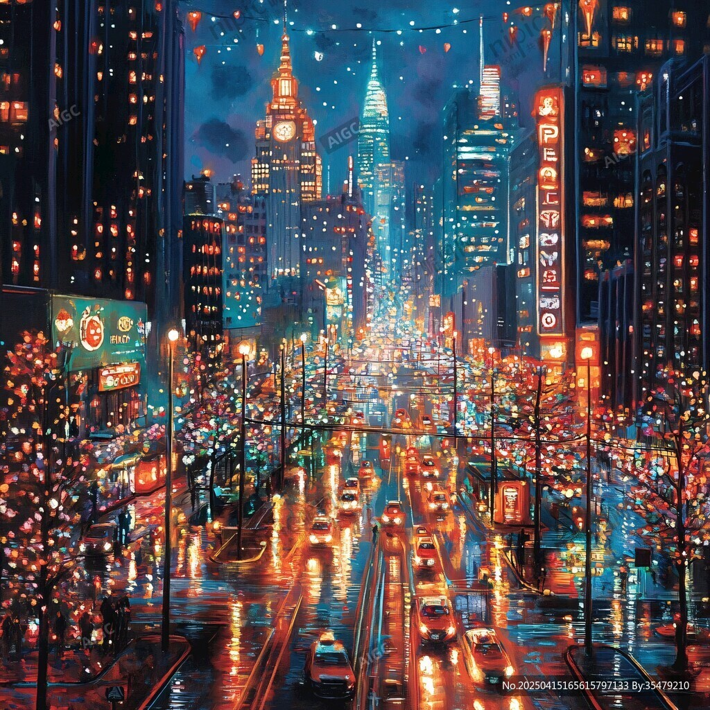 繁華都市雨夜絢麗街景