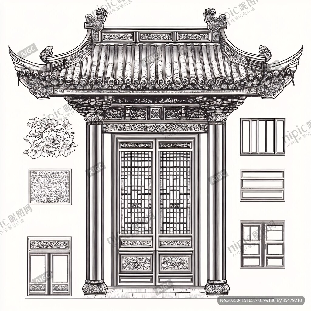 中式傳統(tǒng)門樓及門窗設(shè)計圖