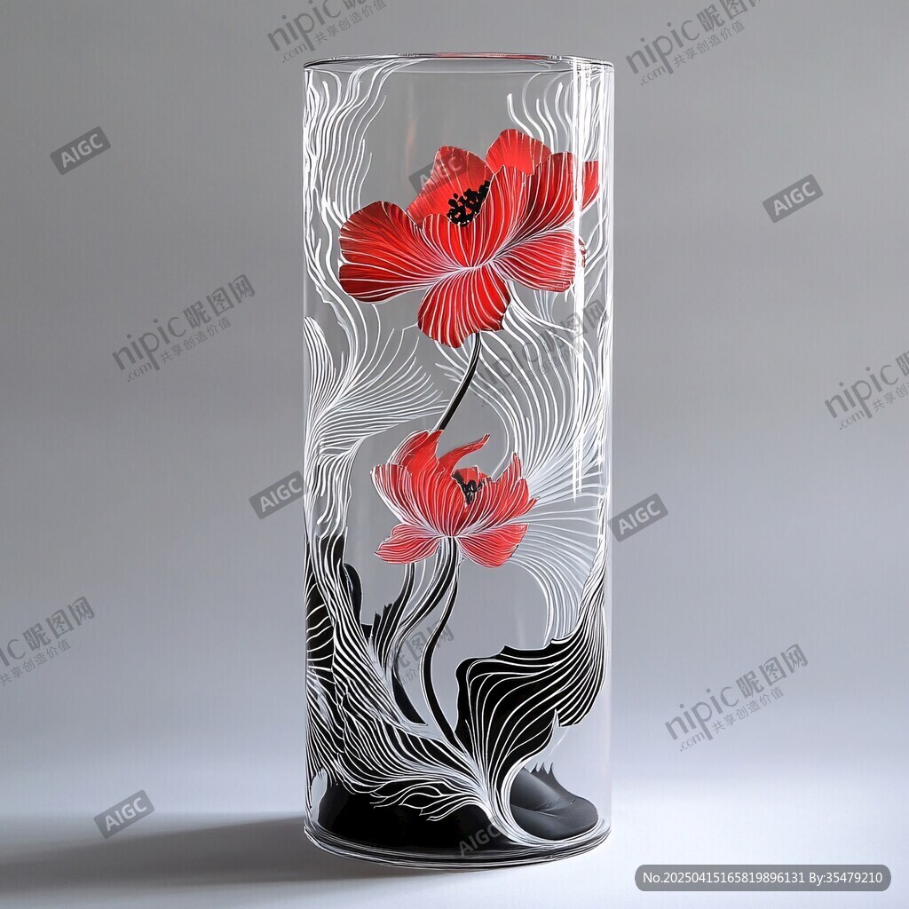 紅花朵紋玻璃花瓶