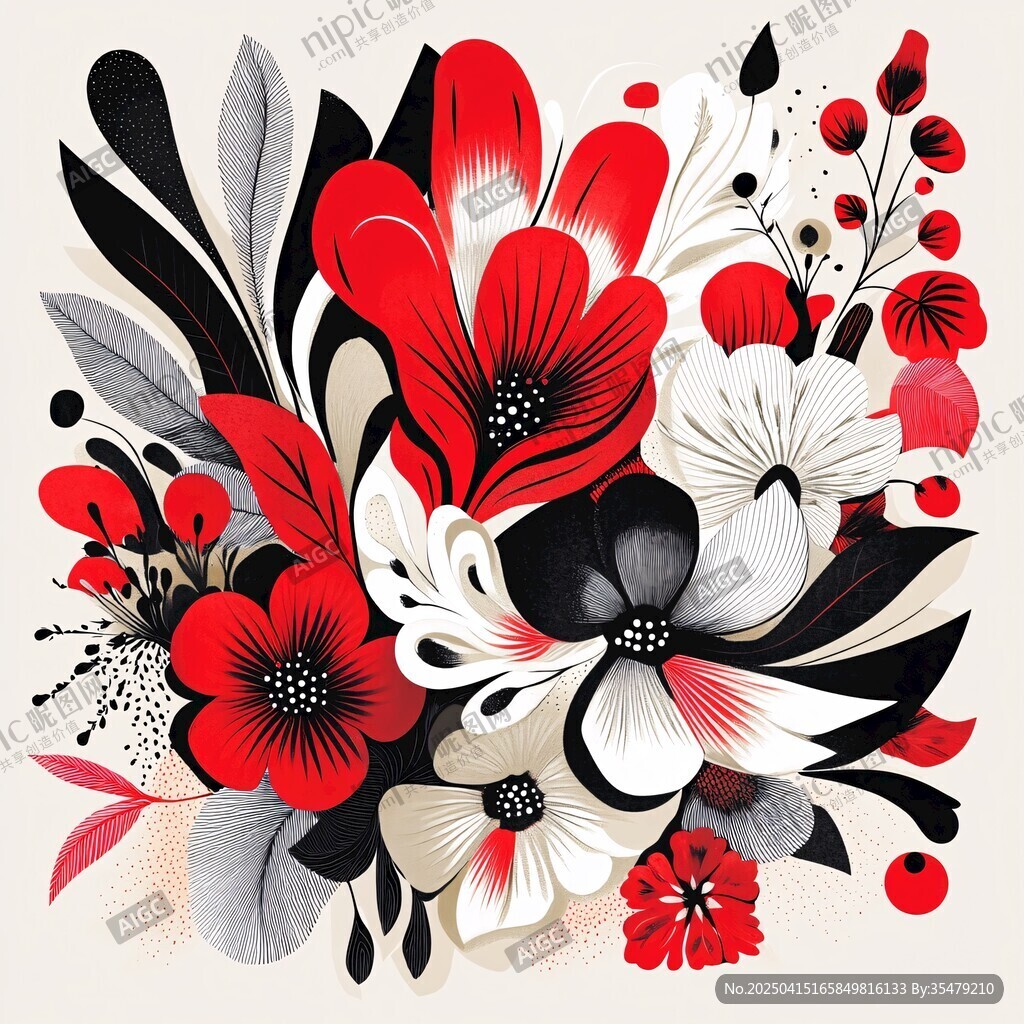 紅黑白三色花卉插畫