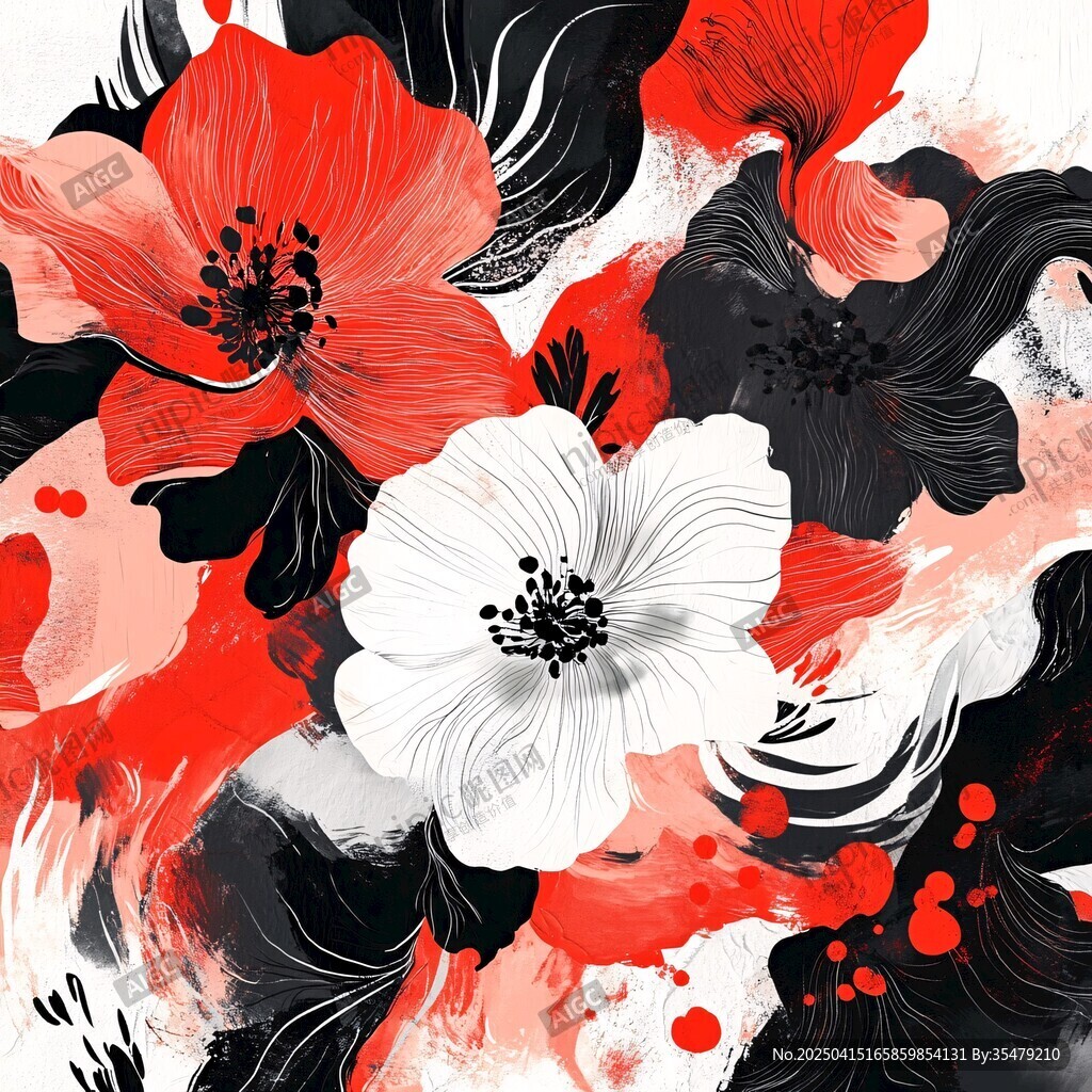 紅黑白花卉抽象藝術圖案